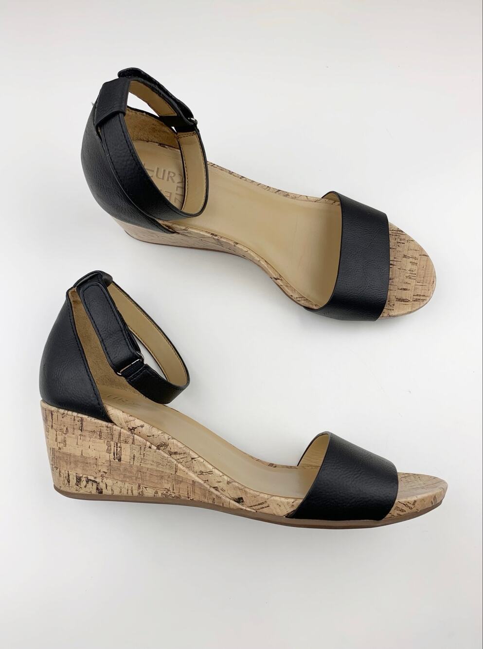 Naturalizer Areda Black Sandals Cork Wedge Comfort Ankle Strap Women's 9.5